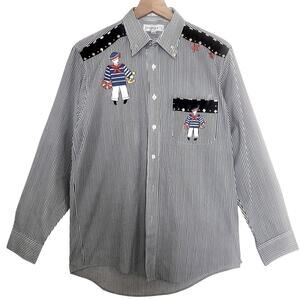 Marquis Nautical Sailor Striped Bedazzled Long Sleeve Button Up Collar Shirt Top